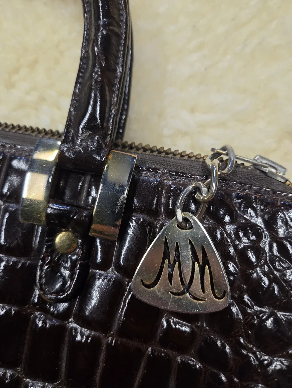 Vintage Morris Moskowitz Brown Crocodile Embossed Leather Handbag 60s Satchel MM